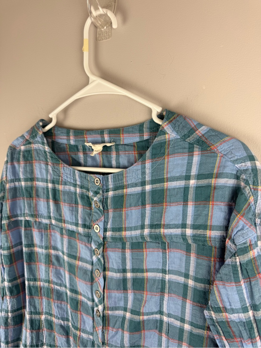Beach lunch lounge Women’s Blue Plaid Gauze Button Up long sleeve Shirt SZ XS